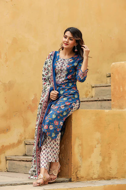 Blue Rayon Blend Floral Printed Straight Suit Set