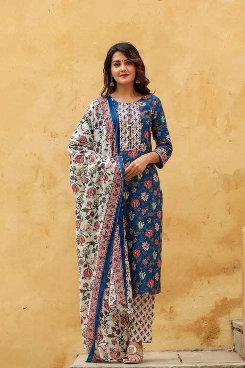 Blue Rayon Blend Floral Printed Straight Suit Set