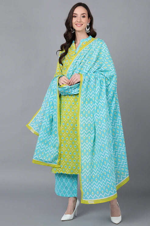 Lime Green Printed Cotton Blend Kurta Palazzo With Dupatta