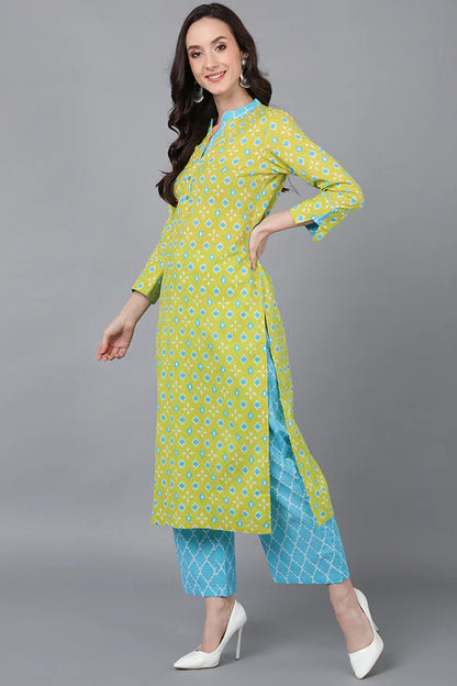 Lime Green Printed Cotton Blend Kurta Palazzo With Dupatta