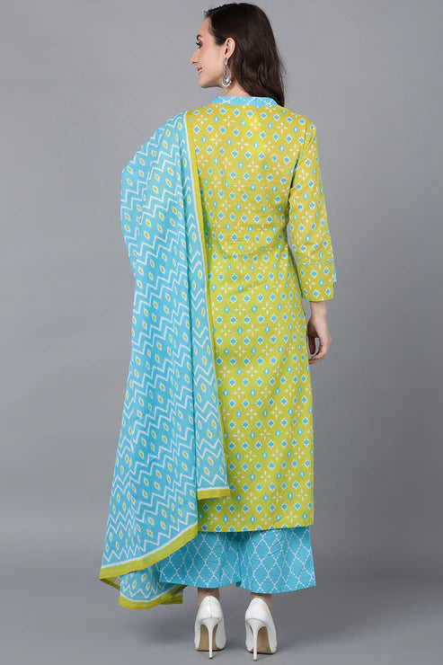 Lime Green Printed Cotton Blend Kurta Palazzo With Dupatta