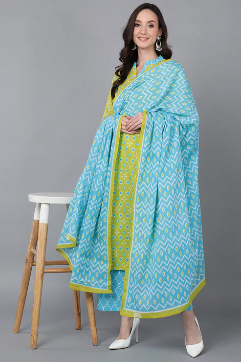 Lime Green Printed Cotton Blend Kurta Palazzo With Dupatta