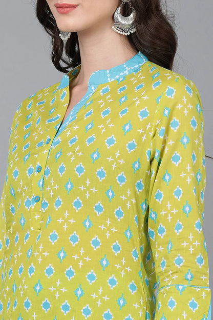 Lime Green Printed Cotton Blend Kurta Palazzo With Dupatta