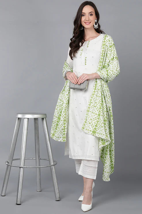 White Pure Cotton Straight Kurta Pant And Dupatta Set