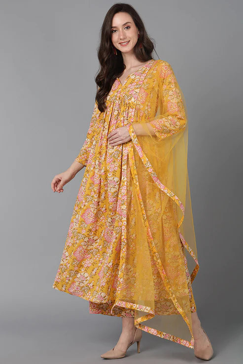 Yellow Cotton Blend Floral Printed Kurta Palazzos With Dupatta