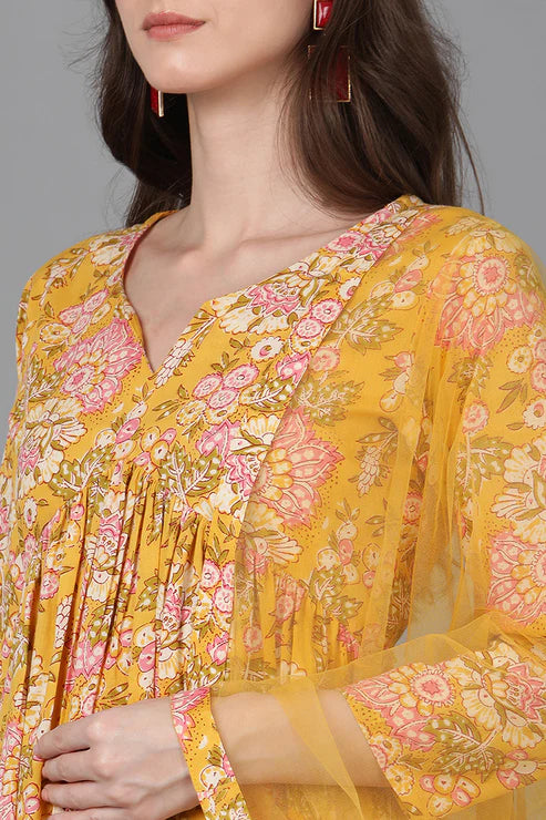 Yellow Cotton Blend Floral Printed Kurta Palazzos With Dupatta