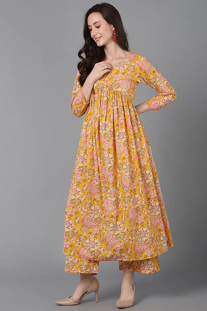 Yellow Cotton Blend Floral Printed Kurta Palazzos With Dupatta