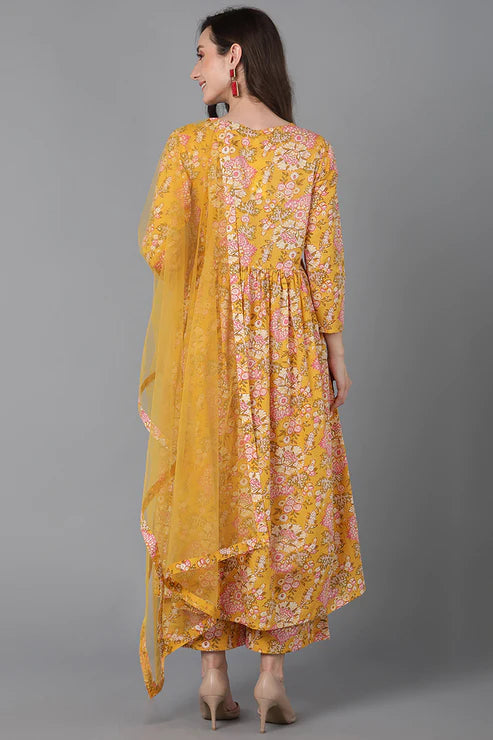 Yellow Cotton Blend Floral Printed Kurta Palazzos With Dupatta