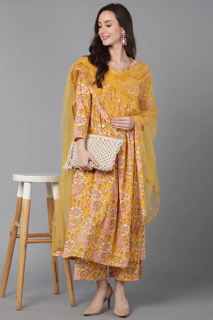 Yellow Cotton Blend Floral Printed Kurta Palazzos With Dupatta