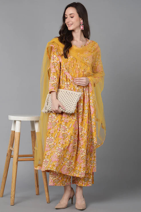 Yellow Rayon Blend Floral Printed Kurta Palazzos With Dupatta