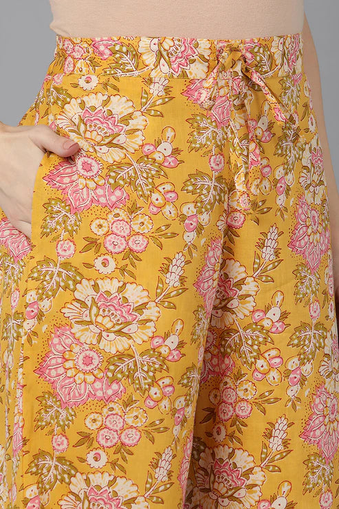 Yellow Cotton Blend Floral Printed Kurta Palazzos With Dupatta