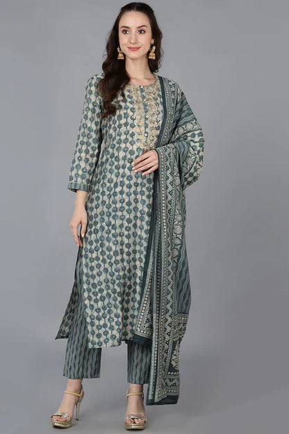 Green Silk Blend Abstract Straight Kurta Trousers With Dupatta