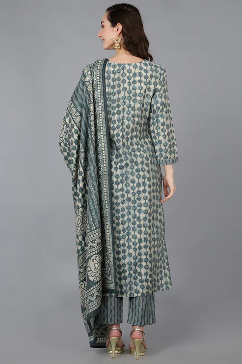 Green Silk Blend Abstract Straight Kurta Trousers With Dupatta