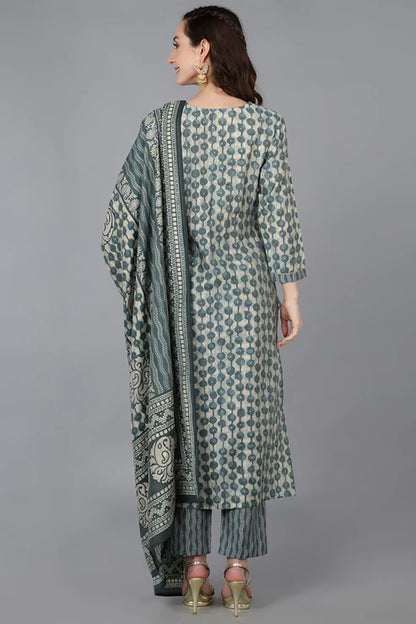 Green Silk Blend Abstract Straight Kurta Trousers With Dupatta