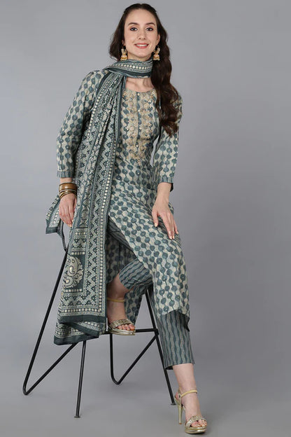 Green Silk Blend Abstract Straight Kurta Trousers With Dupatta