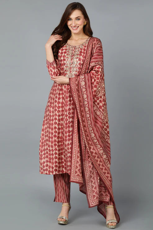 Beige Silk Blend Embroidered Geometric Printed Kurta Pant With Dupatta