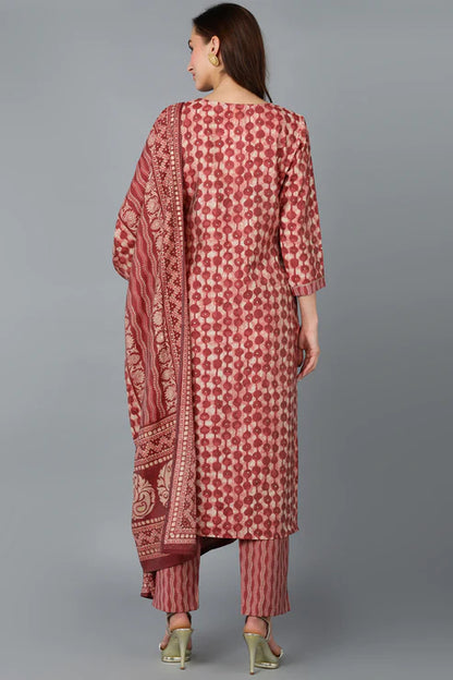 Beige Silk Blend Embroidered Geometric Printed Kurta Pant With Dupatta