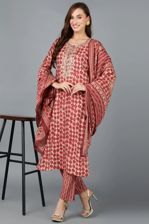 Beige Silk Blend Embroidered Geometric Printed Kurta Pant With Dupatta