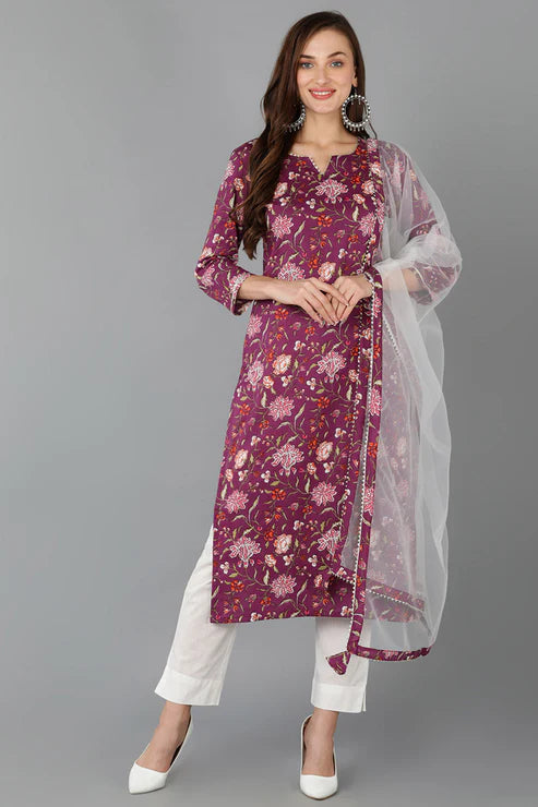 Purple Rayon Blend Floral Straight Kurta Pant With Dupatta