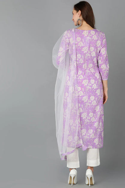 Purple Rayon blend Floral Straight Kurta Pant With Dupatta