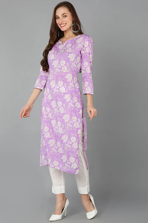 Purple Rayon blend Floral Straight Kurta Pant With Dupatta