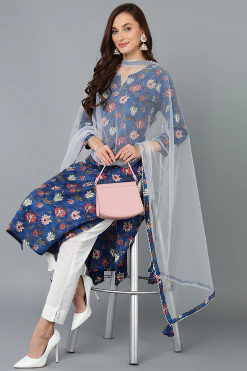 Blue Rayon Blend Printed Kurta Pant With Dupatta