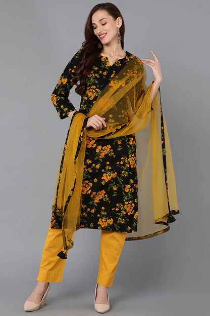 Black Rayon Blend Floral Straight Kurta Pant With Dupatta