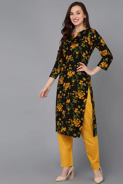 Black Rayon Blend Floral Straight Kurta Pant With Dupatta