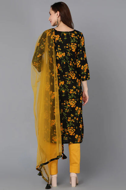 Black Rayon Blend Floral Straight Kurta Pant With Dupatta