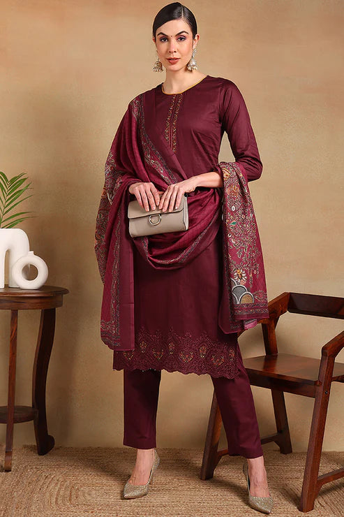 Maroon Silk Blend Solid Embroidered Straight Regular Suit Set