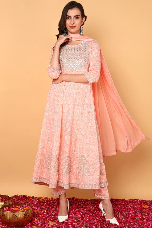 Peach Pure Cotton Geometric Embroidered Flared Suit Set