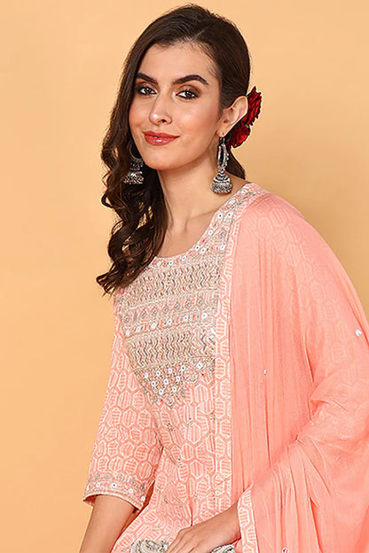 Peach Pure Cotton Geometric Embroidered Flared Suit Set