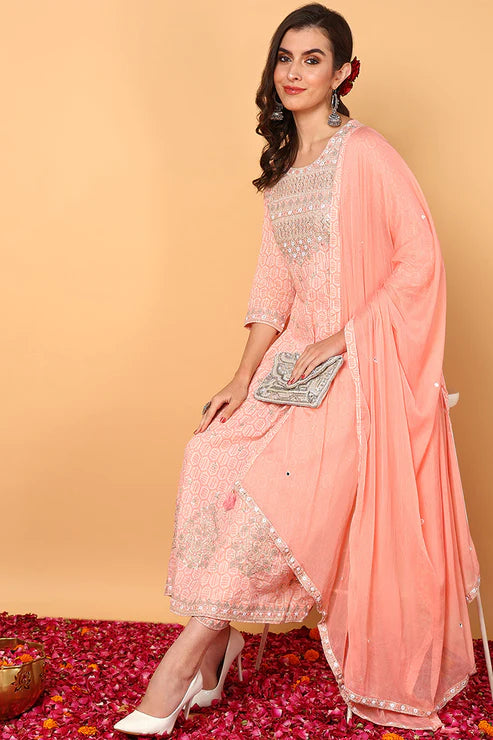 Peach Pure Cotton Geometric Embroidered Flared Suit Set