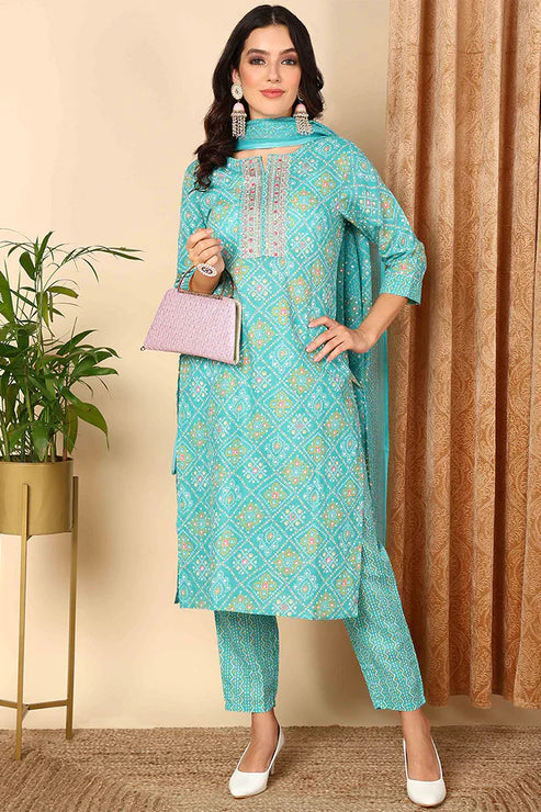 Turquoise Blue Poly Cotton Bandhani Printed Straight Suit Set