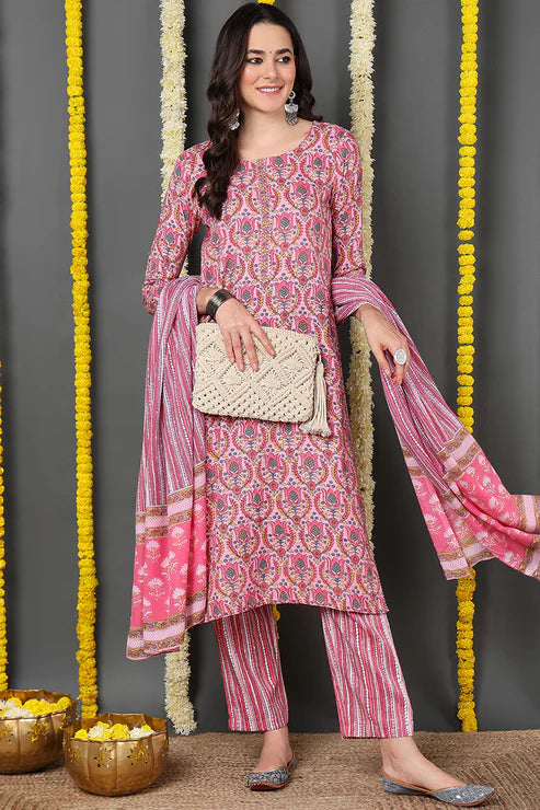 Pink Rayon Blend Ethnic Motifs Printed Straight Suit Set