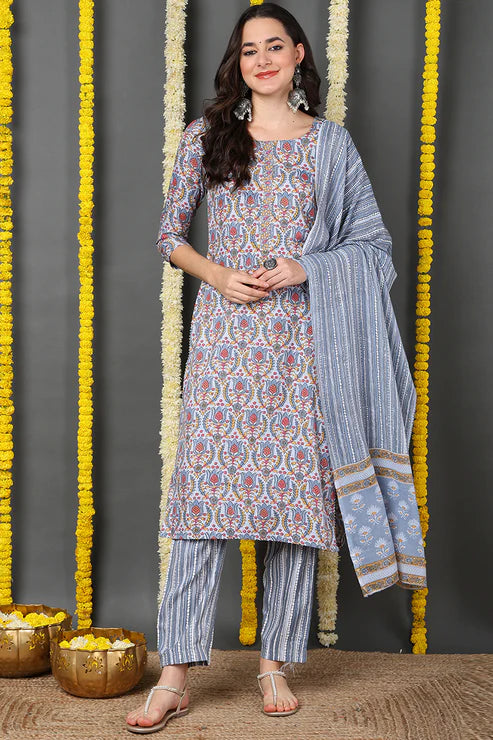 Grey Rayon Blend Ethnic Motifs Printed Straight Suit Set