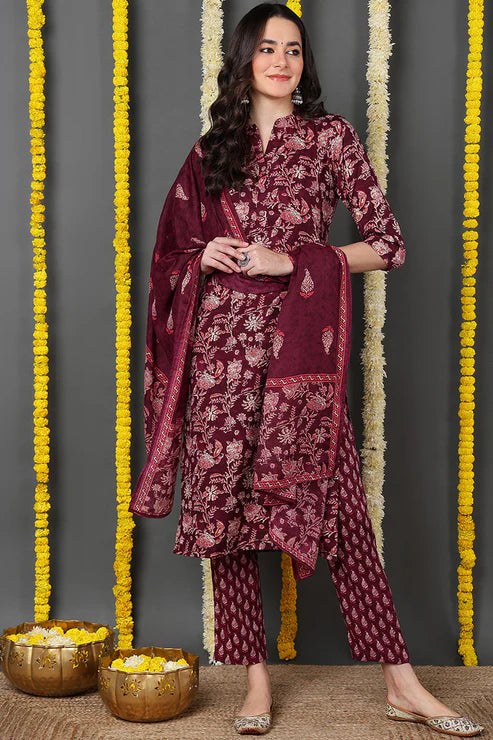 Maroon Rayon Blend Floral Printed Straight Suit Set