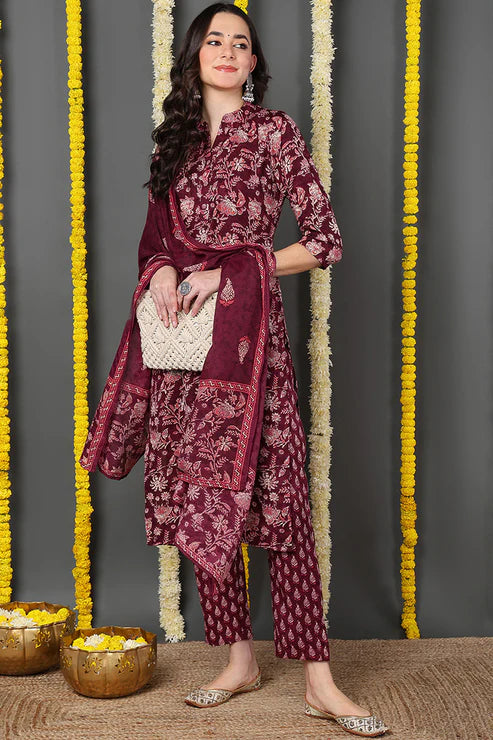 Maroon Rayon Blend Floral Printed Straight Suit Set