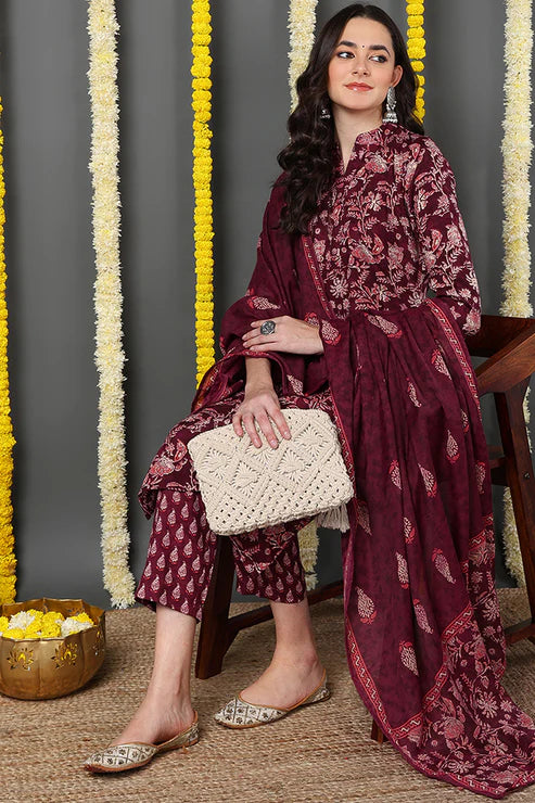 Maroon Rayon Blend Floral Printed Straight Suit Set