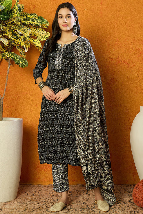 Black Rayon Blend Geometric Printed Straight Suit Set