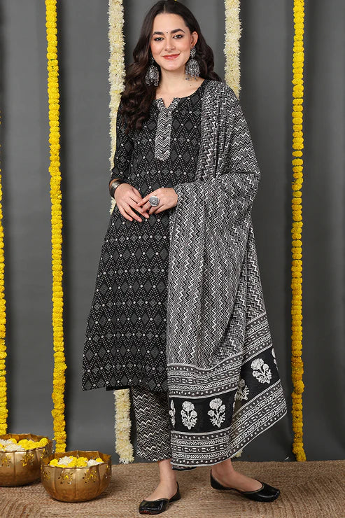 Black Rayon Blend Geometric Printed Straight Suit Set