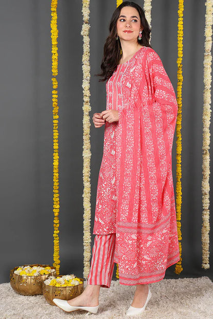 Pink Rayon Blend Floral Printed Straight Suit Set