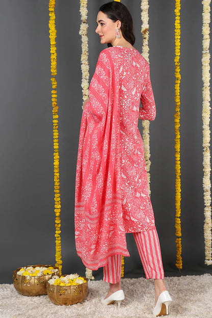 Pink Rayon Blend Floral Printed Straight Suit Set