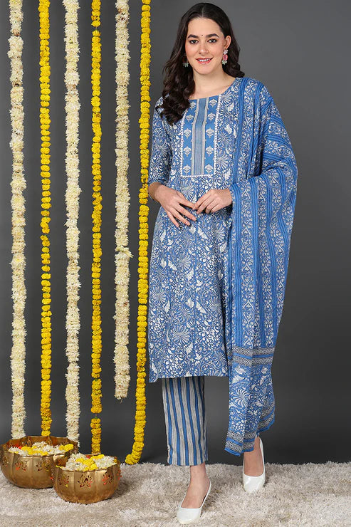 Blue Rayon Blend Floral Printed Straight Suit Set