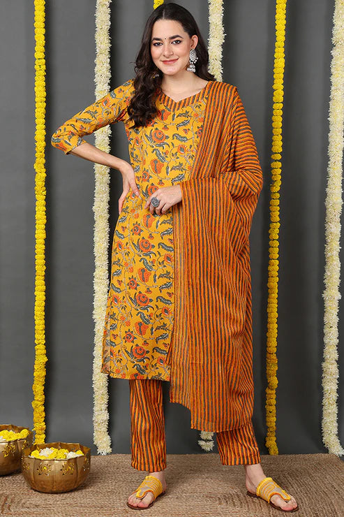 Yellow Rayon Blend Floral Printed Straight Suit Set