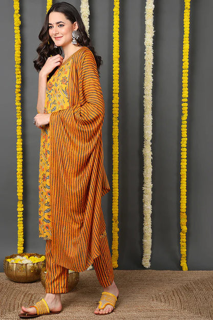 Yellow Rayon Blend Floral Printed Straight Suit Set