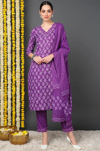 Violet Rayon Blend Ethnic Motifs Printed Straight Suit Set