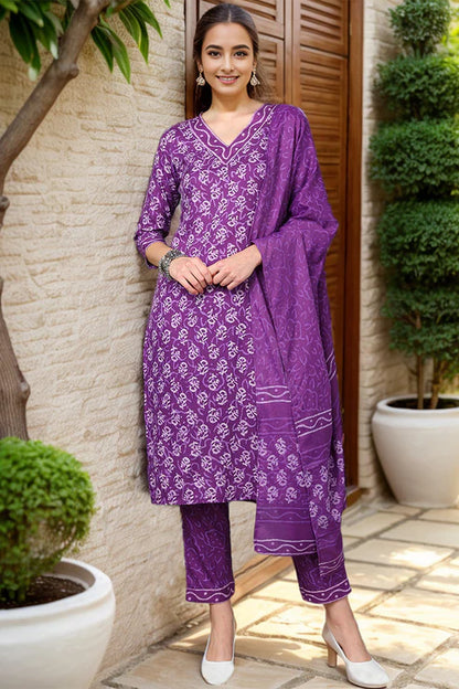 Violet Rayon Blend Ethnic Motifs Printed Straight Suit Set