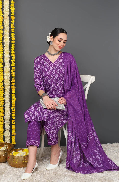 Violet Rayon Blend Ethnic Motifs Printed Straight Suit Set