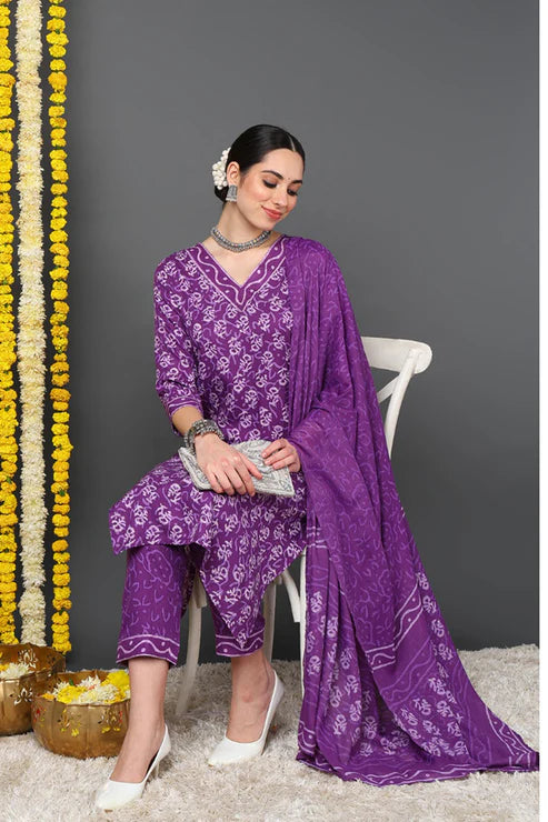 Violet Rayon Blend Ethnic Motifs Printed Straight Suit Set